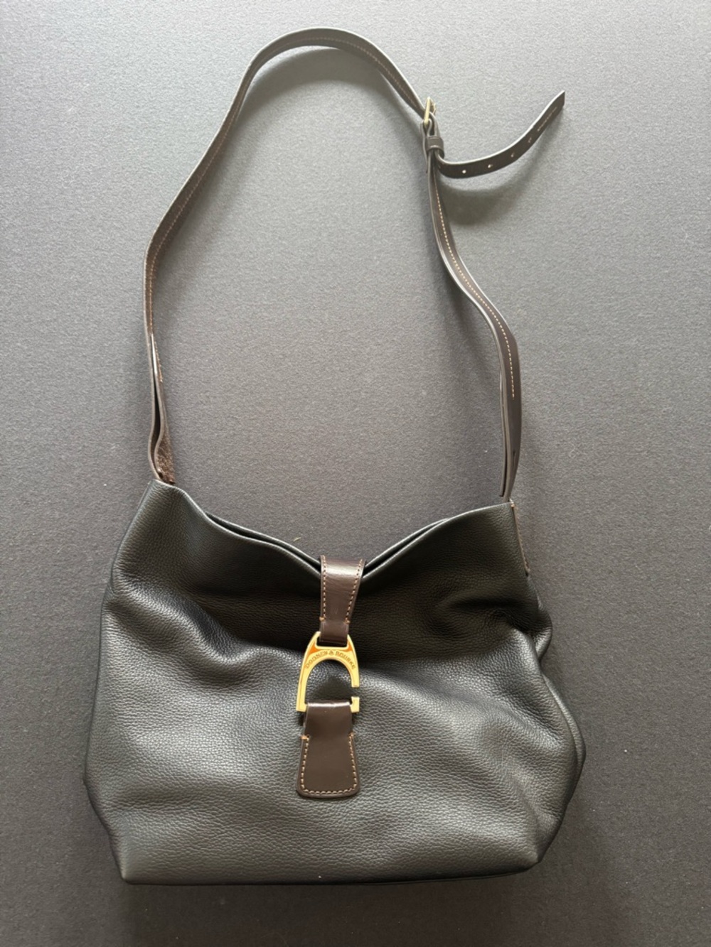 Black Leather Shoulder Bag with Gold Buckle